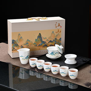 Wenchang Qianlijiang Goat Fat Jade Kung Fu Tea Set White Porcelain With <b>Lid</b> Business <b>Gifts</b> High End <b>Gift</b> <b>Box</b> - Product Image 1