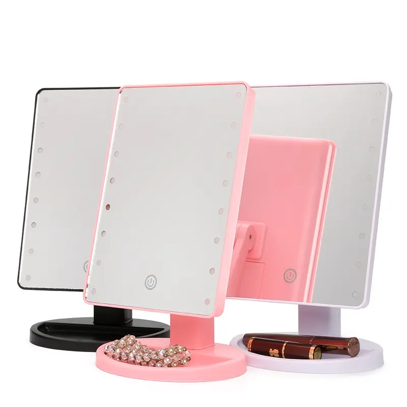 Vente en gros Miroir de maquillage led de bureau à rotation de 360 degrés Miroirs cosmétiques en plastique de voyage portables 22 lumières Rose Blanc