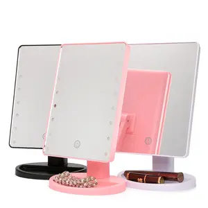 卸売360度回転デスクトップLedメイクアップミラーポータブル22ライトトラベルプラスチック化粧鏡ピンクホワイト