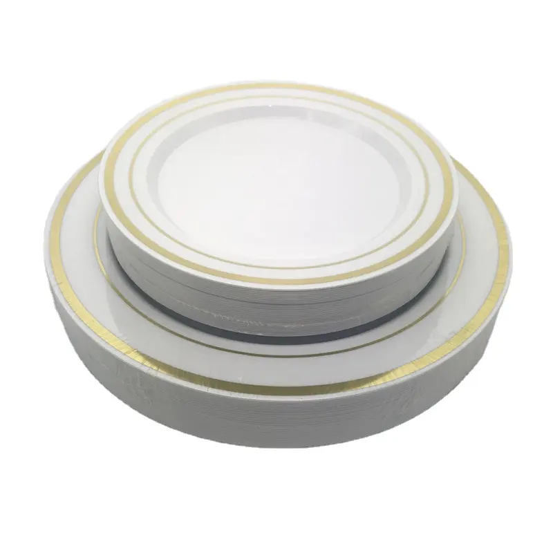 Plates Set For Dinner Party White Based Gold Rim Heavy Duty Wedding Plates Plastic Round Plates With Gold Rim