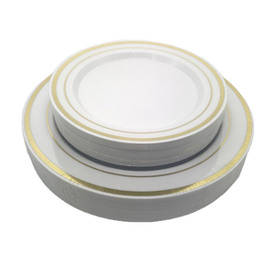 Plates Set For Dinner Party White Based Gold Rim Heavy Duty Wedding Plates Plastic Round Plates With Gold Rim