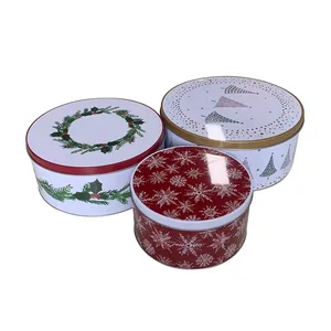 High Quality Christmas Design Big Round Metal Cookie Storage Tin Box Set of 3 for Gift Packaging