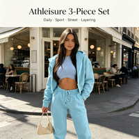 Ensemble de vêtements de détente pour femmes VELAN tendance printemps-été, à capuche zippée, côtelé, longueur intégrale, taille haute, uni, épaissi, avec cordon de serrage, 3 pièces