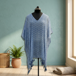 Blue Floral Woven Digital Printing V-Neck Boho Chiffon Maxi <b>Dress</b> with Tassel Hem <b>Loose</b> Sleeveless Summer Casual - Product Image 2