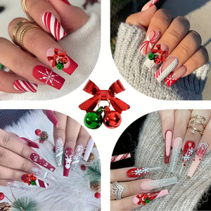 Adornos de uñas con forma de campana navideña, lazo de aleación rojo y verde, colgante 3D de metal, decoraciones para manicura navideña, venta al por mayor. - Product Image 3