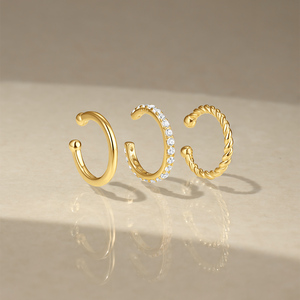Boucles d'oreilles créoles en argent 925 pour usage quotidien, plaqué or 18 carats, classiques, sans perçage, faciles à porter, avec zircon, lot de 3 pièces - Product Image 2