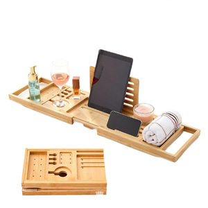 Estante de madera para bañera, bandeja plegable de bambú, soporte para teléfono móvil y tableta, multifuncional para baño - Product Image 2