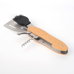 Ensemble d'ustensiles de camping multifonction en acier inoxydable personnalisé pour barbecue au gaz, fourchette, spatule, brosse, tire-bouchon - Manche en bois durable - Product Image 4