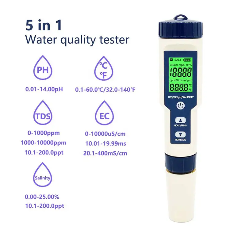 उच्च गुणवत्ता वाला पीएच मीटर 5 इन 1 पीएच टीडीएस ईसी तापमान मीटर जल गुणवत्ता परीक्षण पेन बैकलाइट के साथ