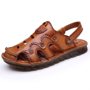 Sandales en cuir de vachette pleine fleur pour hommes : Chaussures de plage d'été antidérapantes et durables ; Sandales « Dad » en cuir véritable pour hommes ; Sandales d'extérieur pour hommes - Product Image 2
