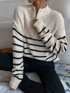 Maglione Pullover a righe bianche nere con mezza cerniera <span class=keywords><strong>colletto</strong></span> rovesciato Casual per uomo donna 100% cotone fornitore personalizzato - Product Image 4