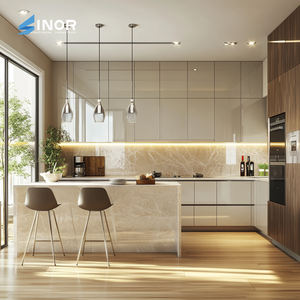 Gabinetes de cocina de estilo moderno a medida, acabado en rojo llamativo, manijas clásicas, cajones, unidades de exhibición frontal de vidrio, grifo de encimera de mármol - Product Image 3