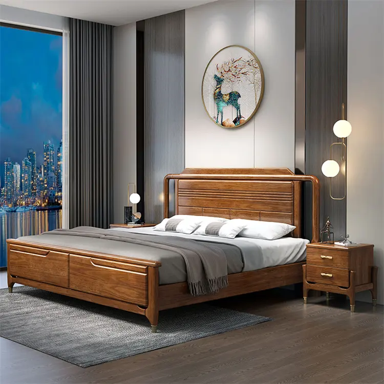 Cama de madeira maciça nova cama de casal chinesa quarto principal cama de casamento caixa alta luz de armazenamento móveis chineses de luxo