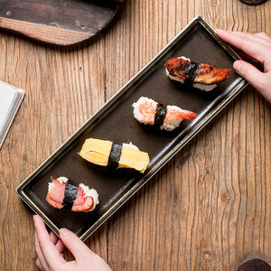 Plato de servicio largo de cerámica negra reactiva para restaurante japonés, platos de cena de sushi rectangulares de porcelana, venta directa de fábrica, venta al por mayor - Product Image 1