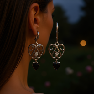 Boucles d'oreilles tibétaines en argent avec pierre noire et diamant, motif cœur, « l'amour est vrai, rien d'autre », bijoux de mariage pour femmes - Product Image 2