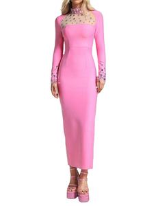 C3613 pronto per la spedizione abito Midi <span class=keywords><strong>rosa</strong></span> lavorato a <span class=keywords><strong>maglia</strong></span> da donna con maniche lunghe e perline abito da festa da donna - Product Image 1