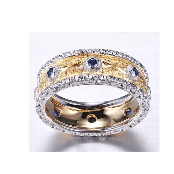Anillo de joyería de moda 18K separación de color oro tallado Buchelati diamante zafiro anillo máquina grabado flor patrón