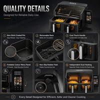 Friteuse à air à double tiroir et deux zones avec fenêtre visible, 9,0 L, 2400 W, contrôle numérique, 9 modes de cuisson, protection contre la surchauffe, coupure de sécurité