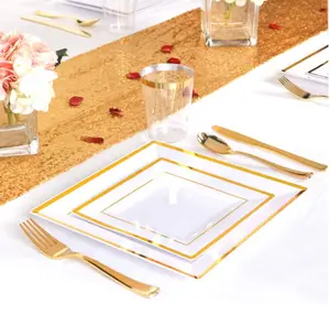 Wedding Rimmed Square Plate Set Luxury Elegant Plate For Party High Quality Plastic Plate For Dinner