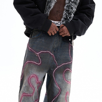 Nouveau style tendance : Pantalon en jean gris électrique coupe droite pour homme, délavé et déchiré, coupe ample et large, long.