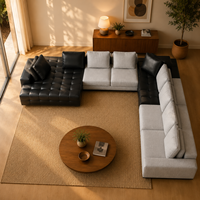 Canapé modulaire en forme de L moderne et écologique avec chaise longue en cuir véritable, sièges en tissu gris garnis d'éponge pour appartement et hôtel