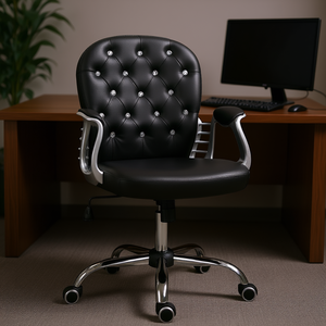 Adjustable Swivel Black <b>Office</b> <b>Chair</b> Tufted Backrest PU Leather Chrome Base Rolling <b>Wheels</b> Contemporary Design - Product Image 2