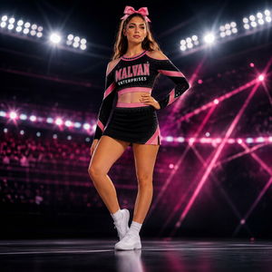 Ensemble d'uniformes de cheerleading personnalisés en polyester avec strass, haut court à manches longues, mini-jupe, tenue de compétition pour femmes - Product Image 1