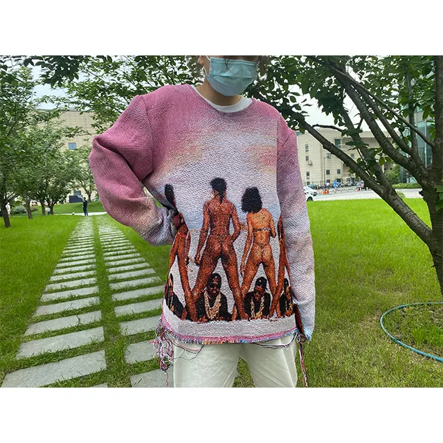 Custom Tapestry Crew Necks Knitted Pullover Jacquard Thick Knitting Sweater For Mens Womens