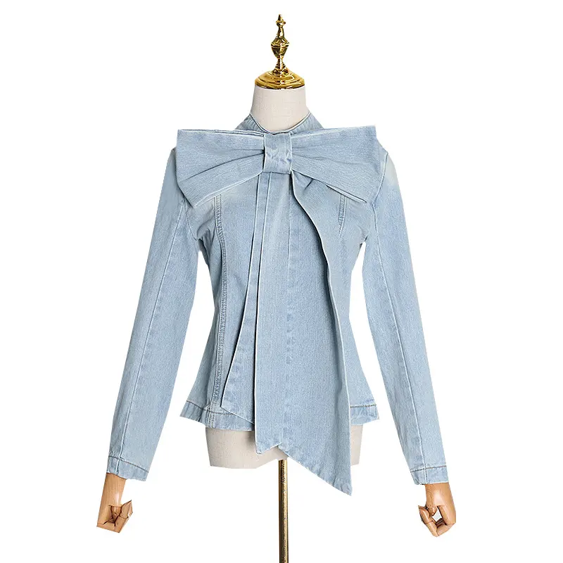 TWOTWINSTYLE Denim Shirts Vintage Bowknot Women Bow Collar Long Sleeve Slim Lace Up