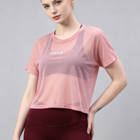 Kaos Crop Top Berbahan Mesh Bernapas dengan Pola Cetak Transfer Sublimasi Kustom dan Lengan Pendek Reguler