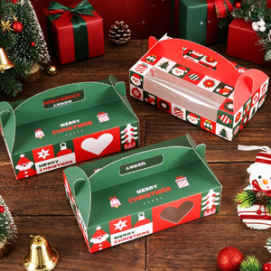 Boîte cadeau de Noël plate personnalisée avec poignée, boîte d'emballage de Noël verte et rouge, boîte pliable avec poignée pour biscuits, pâtisseries, cadeaux - Product Image 5