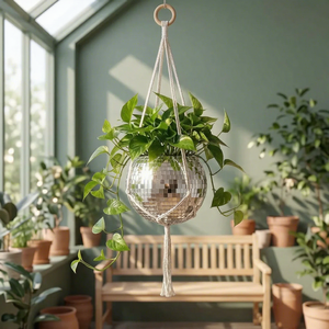 Porte-plante suspendu décoratif avec support en corde macramé et pot de fleurs en verre mosaïque miroir, style bohème moderne, pour l'intérieur - Product Image 6