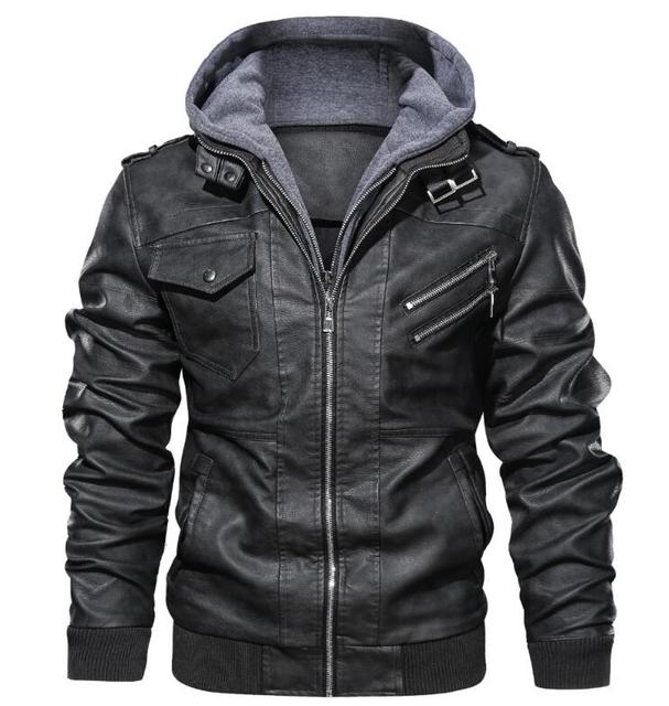 Men PU Leather Jacket Zipper Coat Autumn Hooded Fashion Street Wear Solid Color Casual Motorcycle Jacket