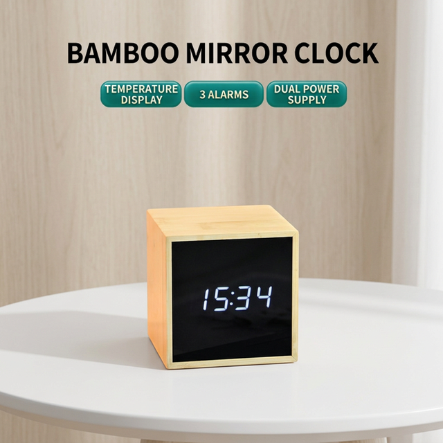 Smart Bamboo Desk Cube Alarm Clock Small Square Electronic Digital LED Clock Calendar Voice Control Temperature Table Deco