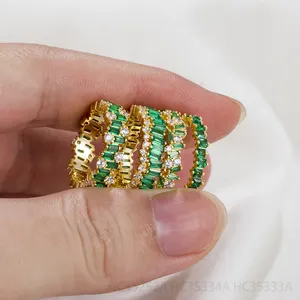 925 Sterling Silver Women Jewelry 14K Gold Plated Emerald CZ Wedding Baguette Rings Eternity Band