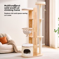 Arbre à chat compact multi-niveaux en bois massif, modèle pour la maison, idéal pour petits appartements, tout-en-un avec grand lit et poteau d'escalade pour chats