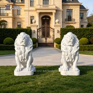 Paire de statues de lions en marbre <span class=keywords><strong>blanc</strong></span> grandeur nature, sculptées à la main, sculpture de lion gardien debout pour entrée de villa, manoir, portail extérieur - Product Image 2