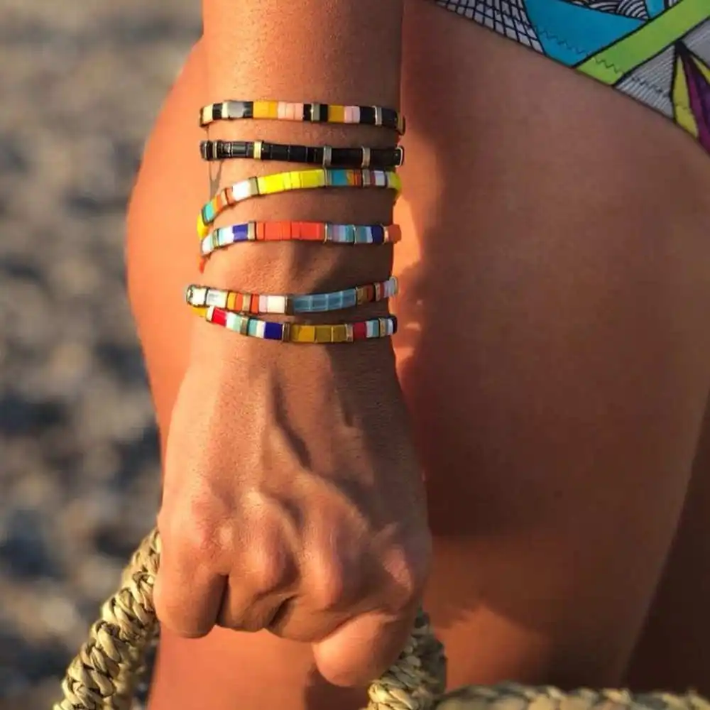 Go2Boho Bohemian Colorful Elastic Summer Beach Surfing Bracelets Miyuki Tila Beaded Rainbow LGBT Bracelet