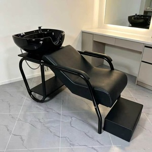 Fauteuil de lavage moderne en cuir PU noir avec bac en fibre de verre durable pour salon de coiffure - Haute qualité - Product Image 3
