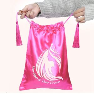 ถุงผ้าไหมพิมพ์โลโก้ตามสั่ง ถุงผ้าซาตินสีชมพูสำหรับใส่วิก - Product Image 1