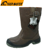 Bottes de sécurité longues pour hommes OEM, en cuir marron foncé, avec embout en acier, anti-perforation, antistatiques, résistantes à l'huile et à l'eau, semelle antidérapante en PU