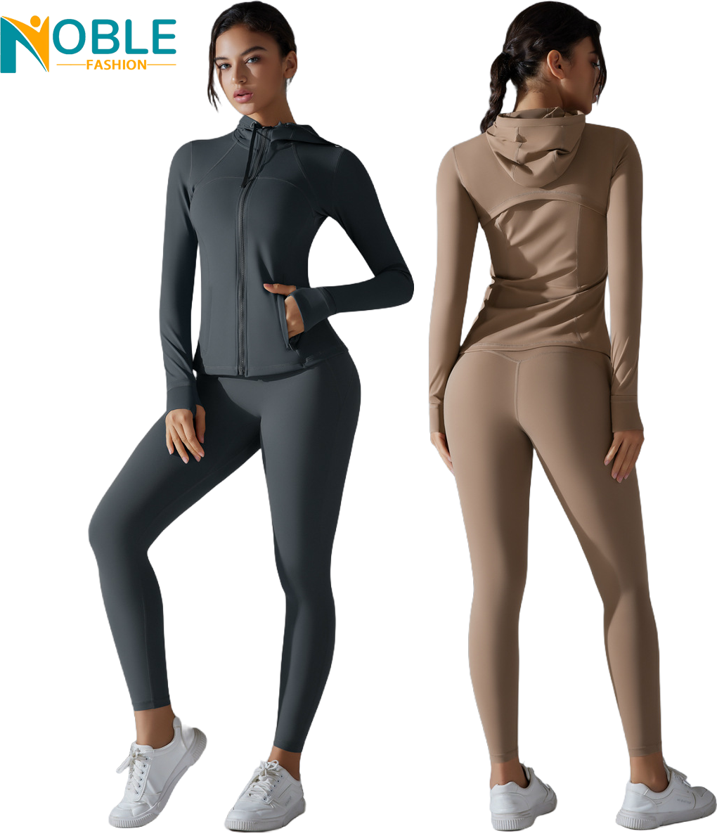 New Style Free Underwear Double-sided Brocade Yoga Clothing Suit Solid Color Zipper Hooded Sports Jacket Running Fitness Suit