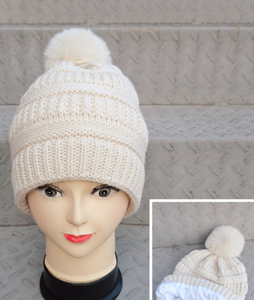 <strong>Womens</strong> Satin Silk Lined Winter Beanie <strong>Hat</strong> With Faux Fur <strong>Pom</strong> Cuffed Warm Knit Bennie <strong>Hats</strong> Promotion Gifts - Product Image 3