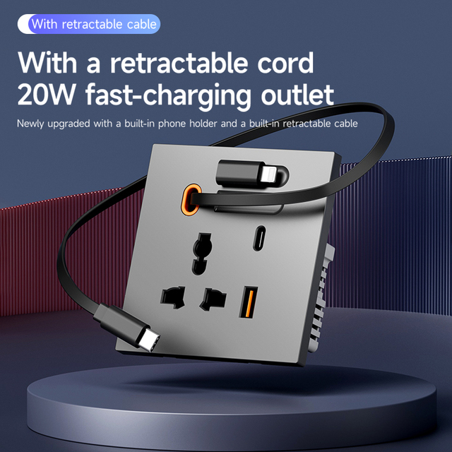 20W USBA+USBC Port,Wall Socket Universal Type-C USB Socket with Retractable Charging Cable,  Wall Fast Charging USB Socket