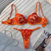 Set Bra dan Thong Wanita dengan Bordir Bunga, Bahan Mesh Transparan, Berkawat, 2 Potong, Set Lingerie Plus Size, Set Bra Seksi, Pakaian Dalam