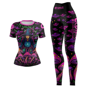 Conjunto de Yoga para Mujer al por Mayor, Camiseta de Manga Corta y Pantalones Cortos/Leggings, Estampado Digital, Spandex/Poliéster, Transpirable, Anti-UV UPF50+ - Product Image 6