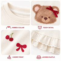 T-shirt à manches longues pour filles, avec applique ours en peluche et ourlet à volants en dentelle, pour tout-petits et enfants, fournisseur en gros OEM ODM