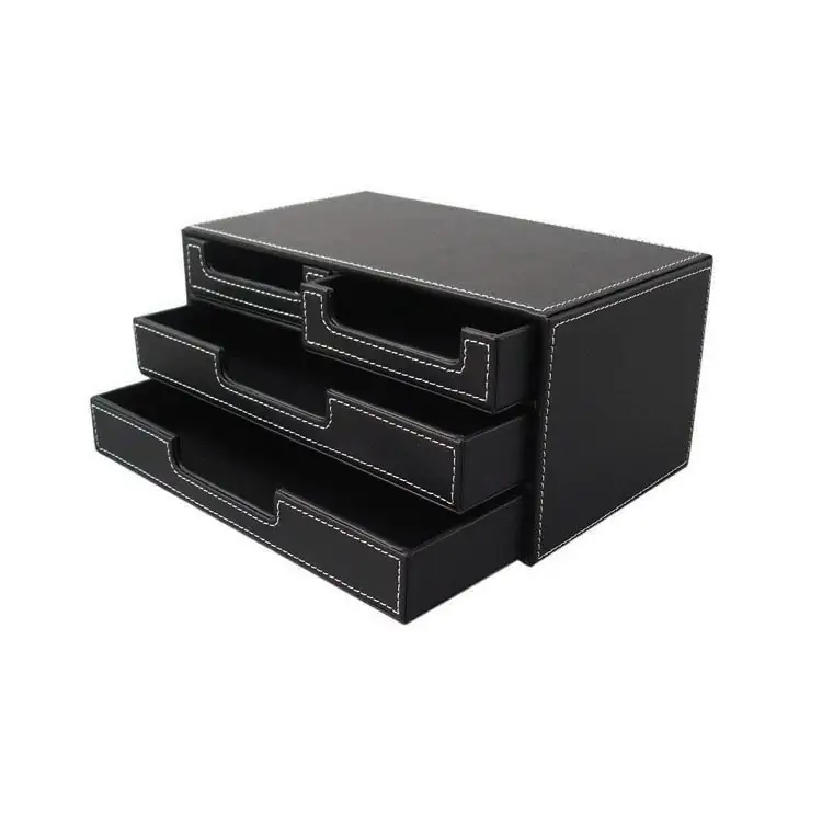 PU Leather Wooden Desk Organizer File Cabinet Office Supplies Desktop Storage Organizer Box with Drawer