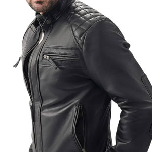 Veste de moto en cuir véritable pour homme de qualité supérieure, coupe slim, logo sur le devant, noir uni, style motard, coupe classique, à porter en automne - Product Image 3