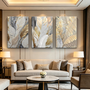 Modern Wall Art 3pcs Gold Feather Leaf Canvas Poster Abstract <strong>Neutral</strong> Grey Gold <strong>Prints</strong> for Living Room Bedroom Hotel Home Decor - Product Image 5